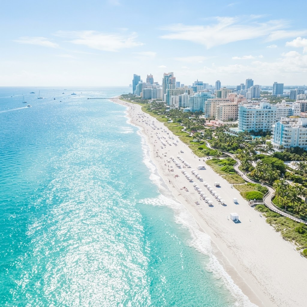 Aerial view of the Miami coastline with turquoise water